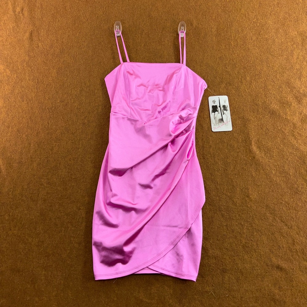 Honey and Rosie Womens XS Pink Draped Satin Faux Wrap Bodycon Mini Dress NWT